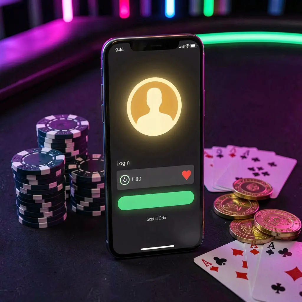 Smartphone displaying the TKTK889 casino app login screen with a glowing user profile icon, surrounded by poker chips, playing cards, and coins on an elegant dark background with neon highlights
