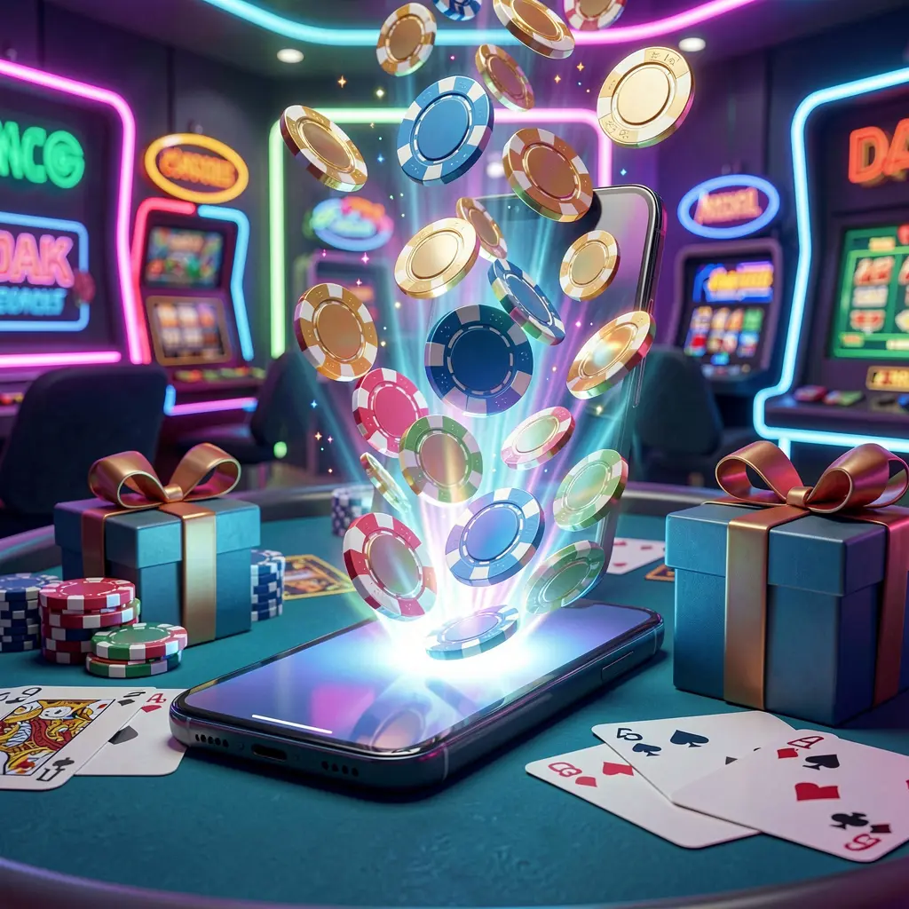 Modern smartphone displaying glowing casino chips and coins coming out of the screen in a bright neon casino atmosphere with a gift box and playing cards nearby, showcasing TKTK889 mobile casino bonus scene