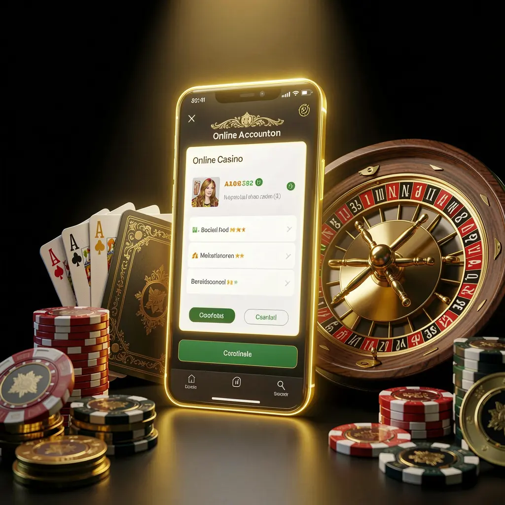 TKTK889 online casino account portal featuring a glowing smartphone, premium cards, chips, roulette wheel, and coins against a black and gold background with cinematic lighting in a realistic 3D render