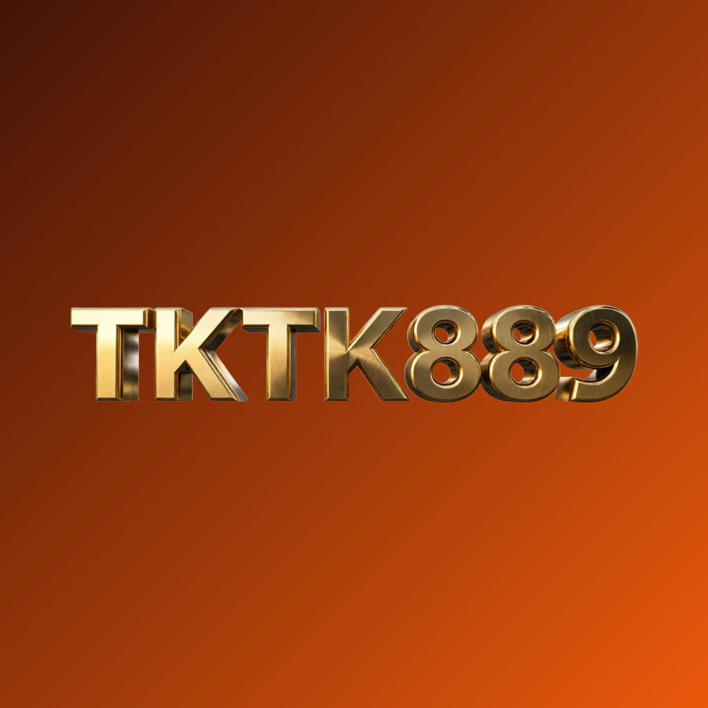 3D metallic logo featuring the text TKTK889 in glossy gold letters with dramatic lighting, showcasing premium casino branding on a transparent background in a wide horizontal rectangular wordmark design for a website header