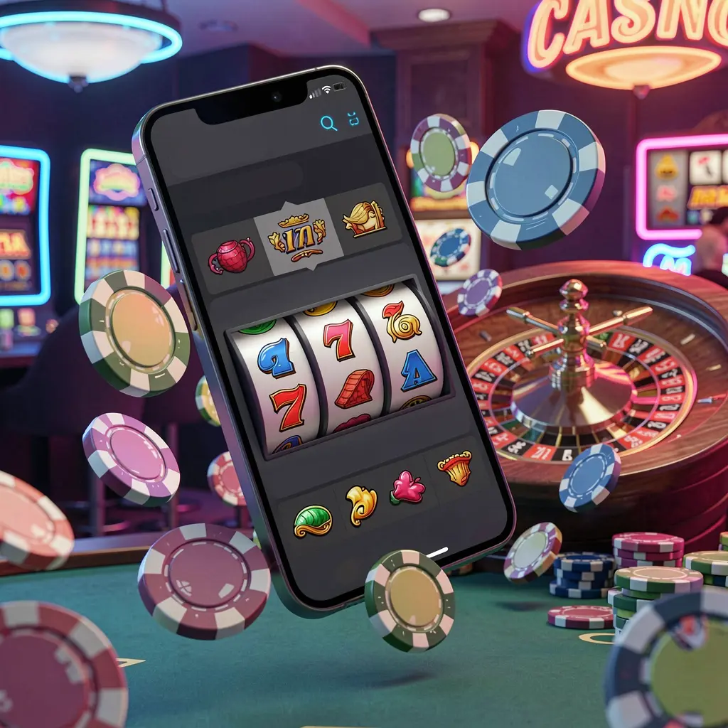 TKTK889 casino entertainment homepage concept featuring a modern mobile phone surrounded by slot symbols, roulette wheel, chips, and coins floating against a neon casino background in a premium 3D render